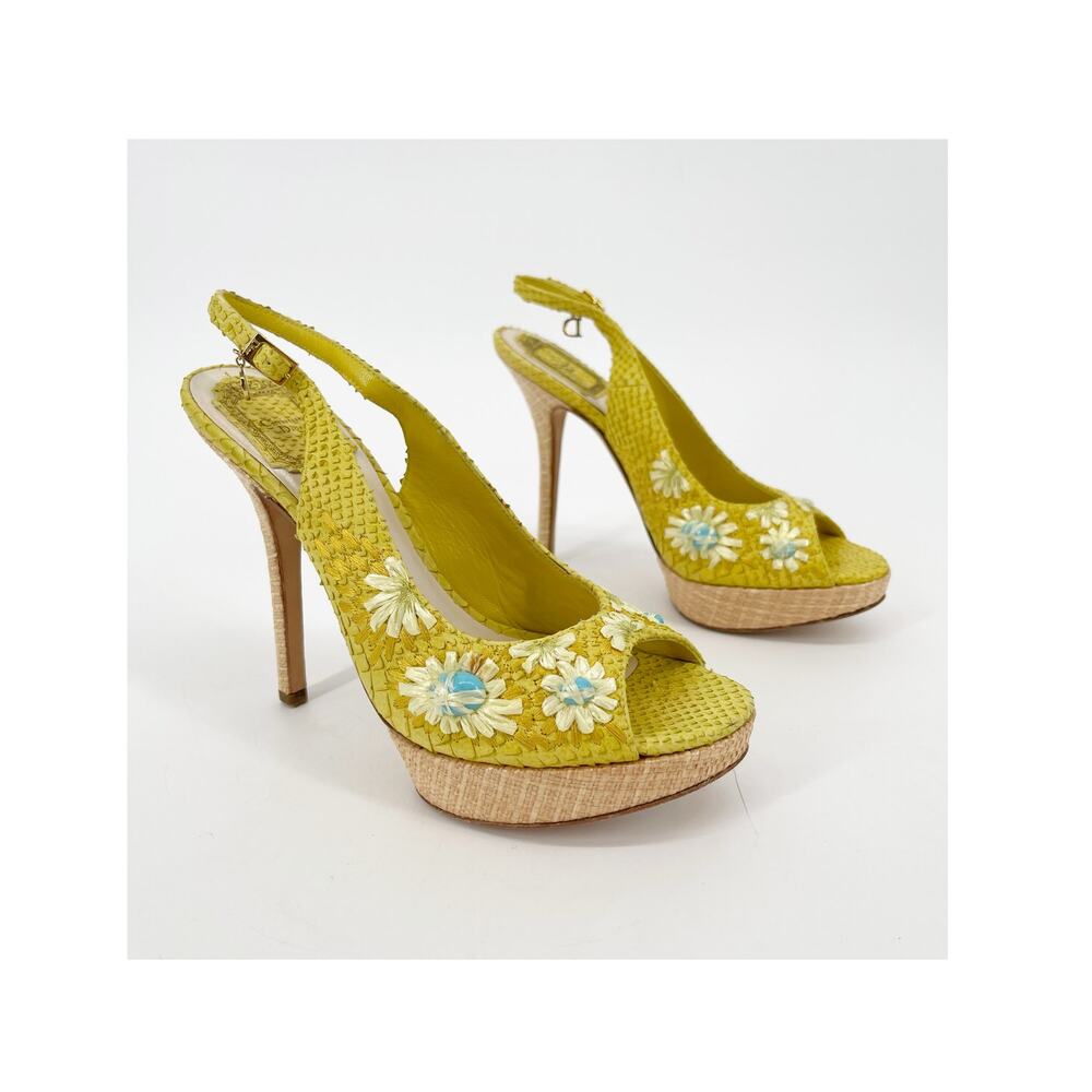 Dior Yellow Python Snakeskin Raffia Embroidered Slingback Platform Heels EU 38